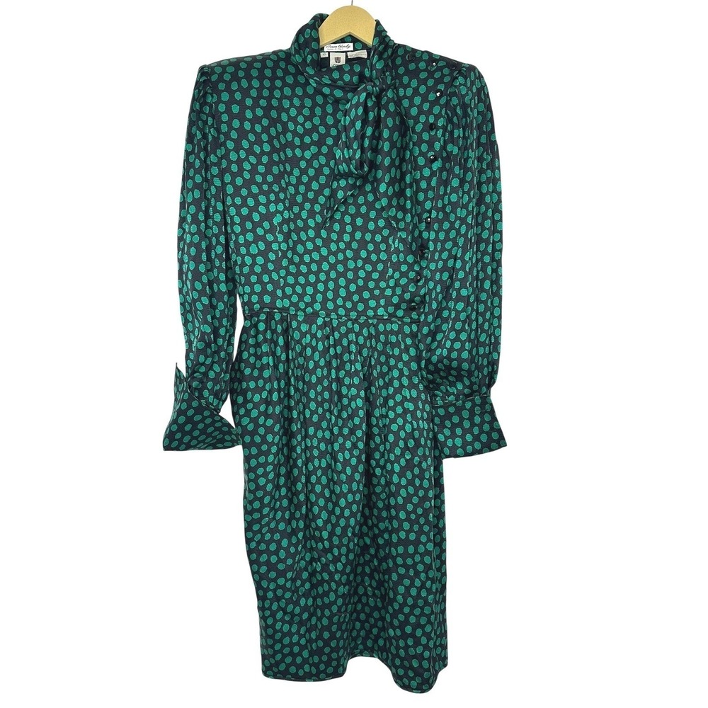 Vintage 80's Couture Amen Wardy Paris‎ Silk Green Polka Dot Neck Bow Dress Italy